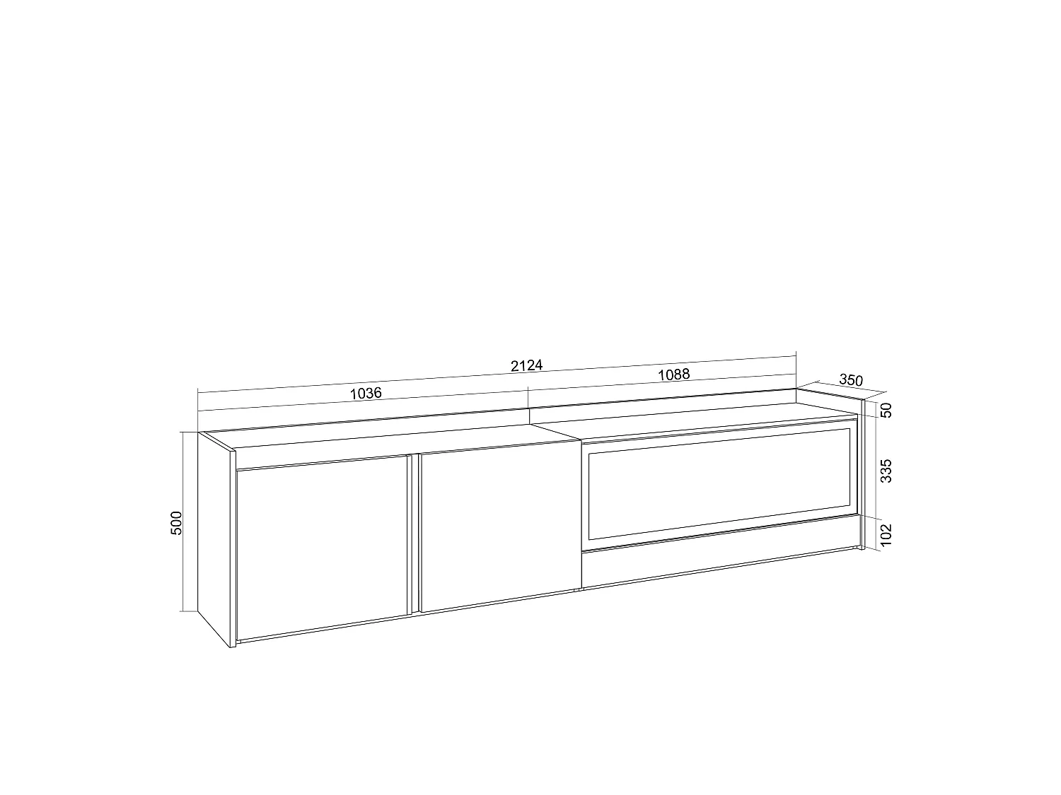 TV-Schrank, Lowboard, 212x50x35 cm, Für TV-Geräte bis zu 80", Elektrokamin XXL, Dunkler Eiche und Schwarz