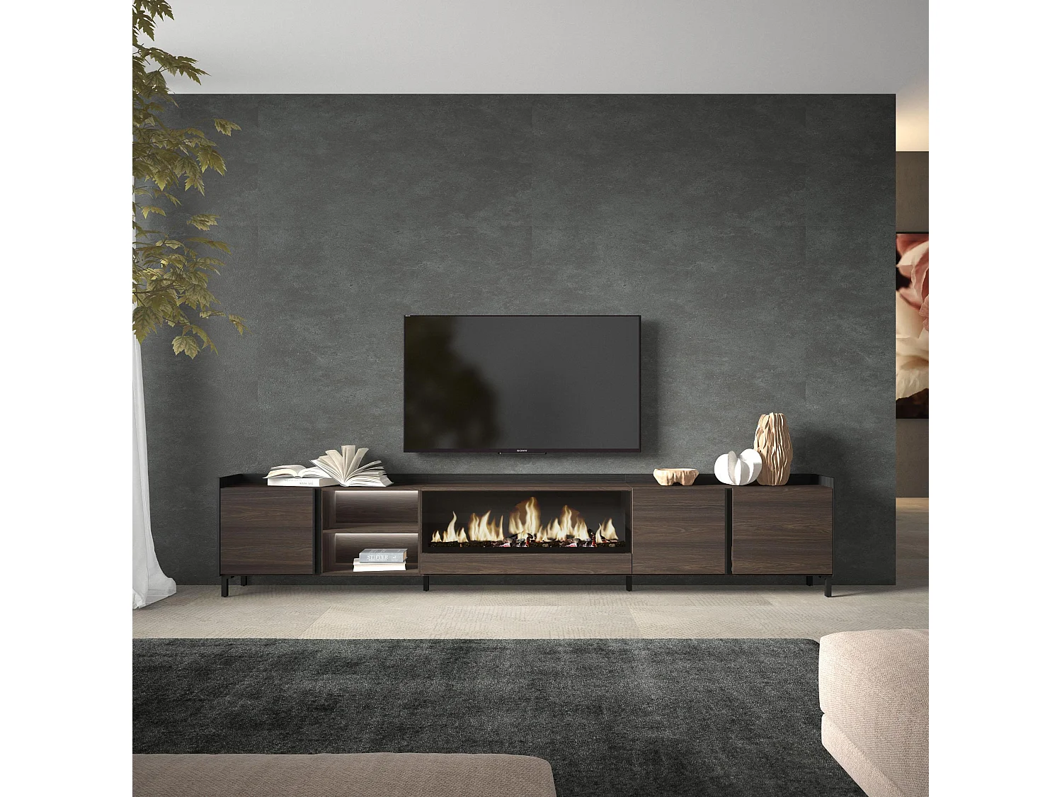TV-Schrank, Lowboard, 315x61x35 cm, Für TV-Geräte bis zu 80", Elektrokamin XXL, Industriedesign, LED, Dunkler Eiche und Schwarz