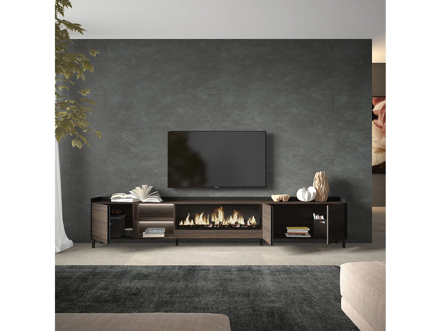 TV-Schrank, Lowboard, 315x61x35 cm, Für TV-Geräte bis zu 80", Elektrokamin XXL, Industriedesign, LED, Dunkler Eiche und Schwarz