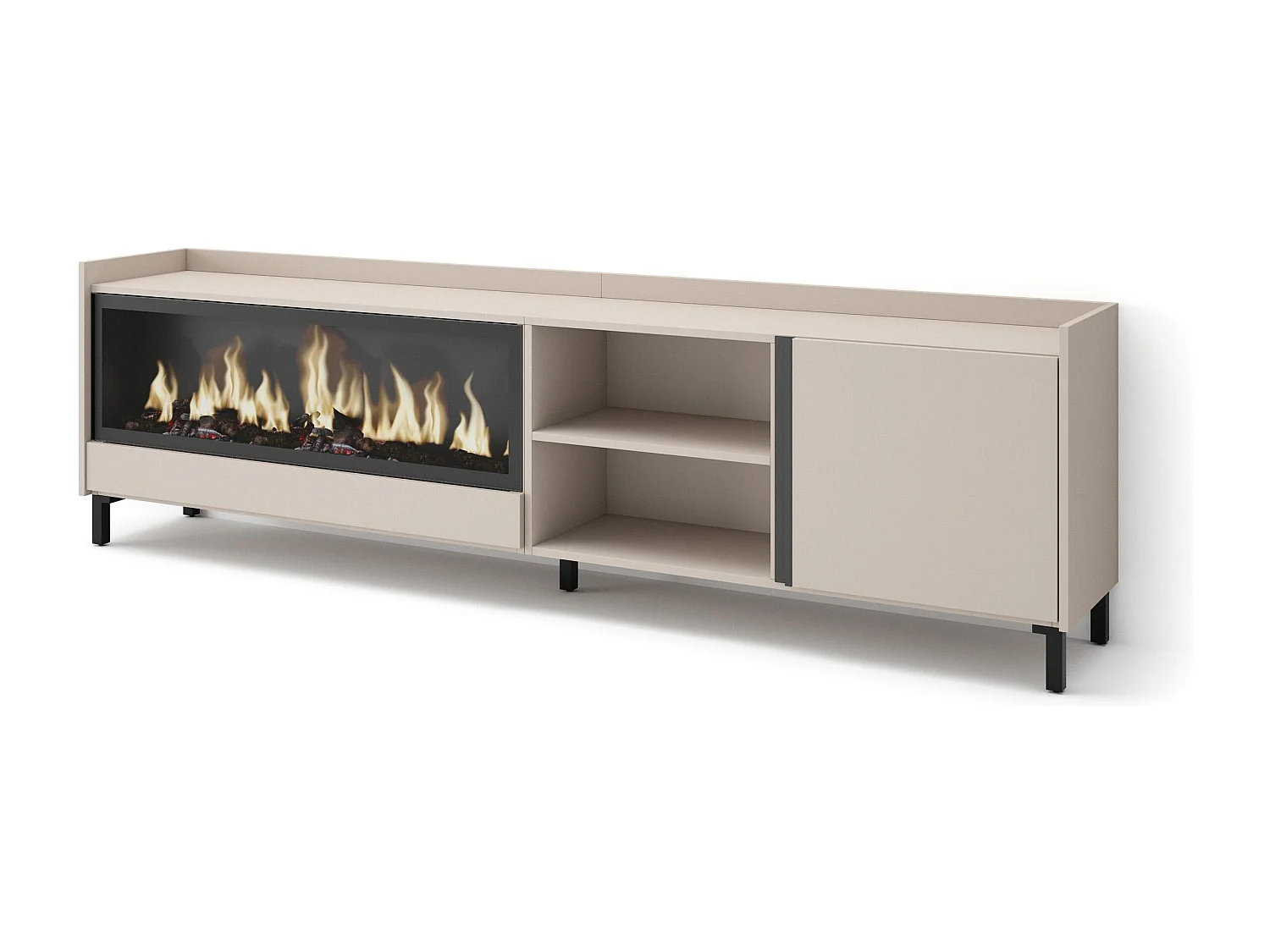 TV-Schrank, Lowboard, 212x61x35 cm, Für TV-Geräte bis zu 80", Elektrokamin XXL, Industriedesign, Beige