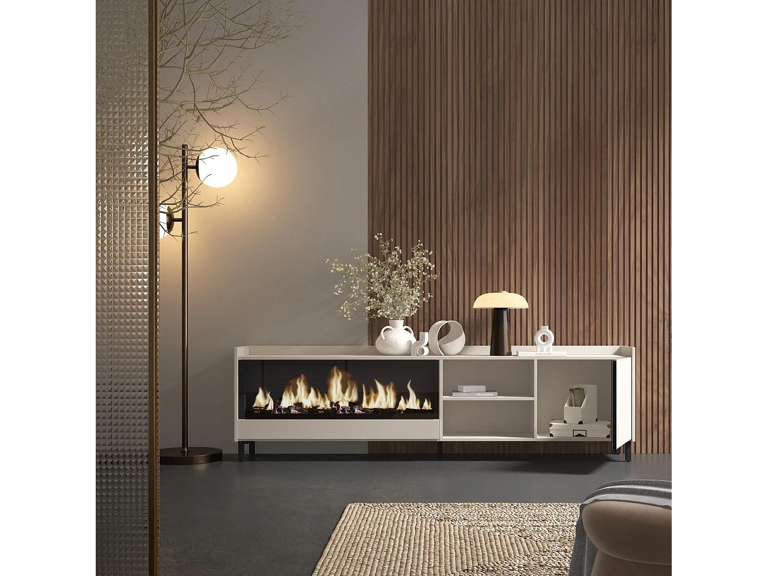 TV-Schrank, Lowboard, 212x61x35 cm, Für TV-Geräte bis zu 80", Elektrokamin XXL, Industriedesign, Beige