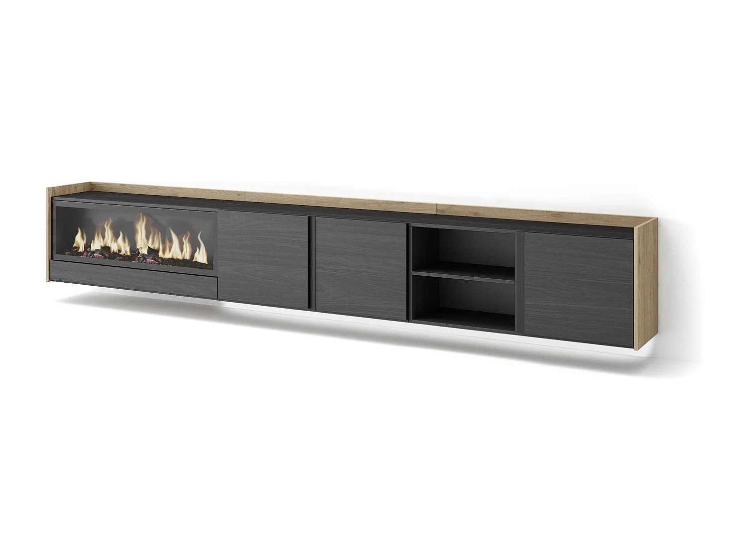 TV-Schrank, Lowboard, 315x50x35 cm, Für TV-Geräte bis zu 80", Elektrokamin XXL, Hängend, LED, Schwarz Eiche