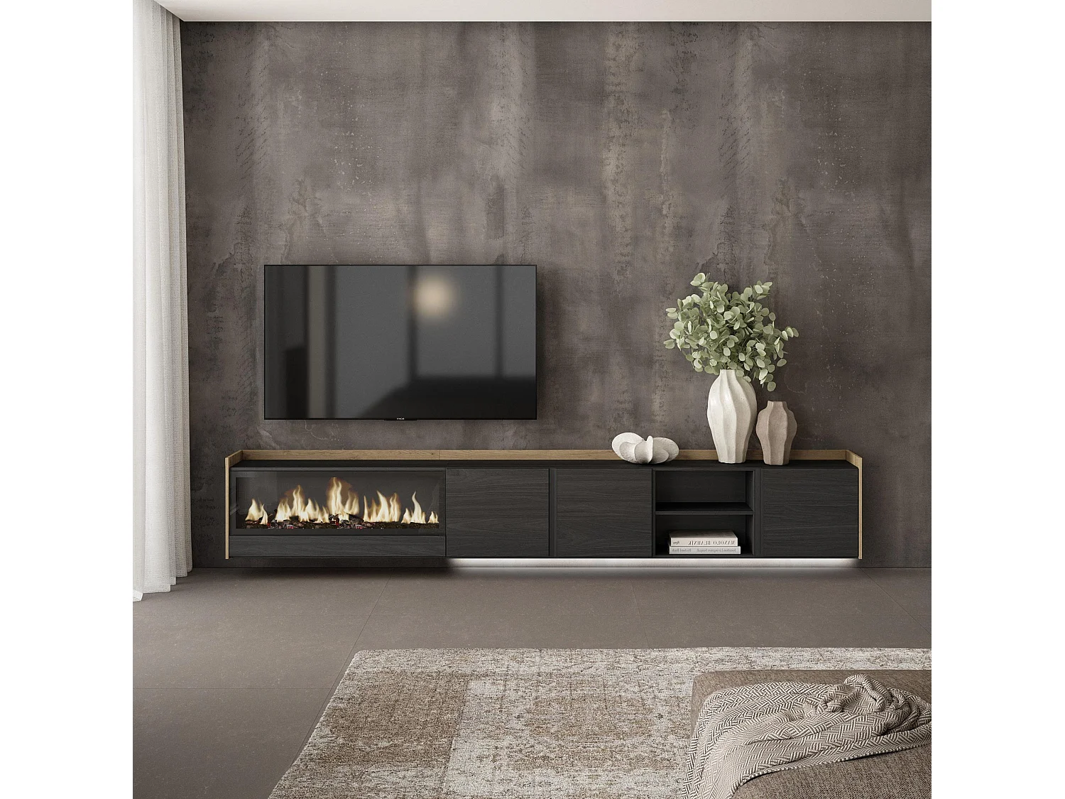 TV-Schrank, Lowboard, 315x50x35 cm, Für TV-Geräte bis zu 80", Elektrokamin XXL, Hängend, LED, Schwarz Eiche