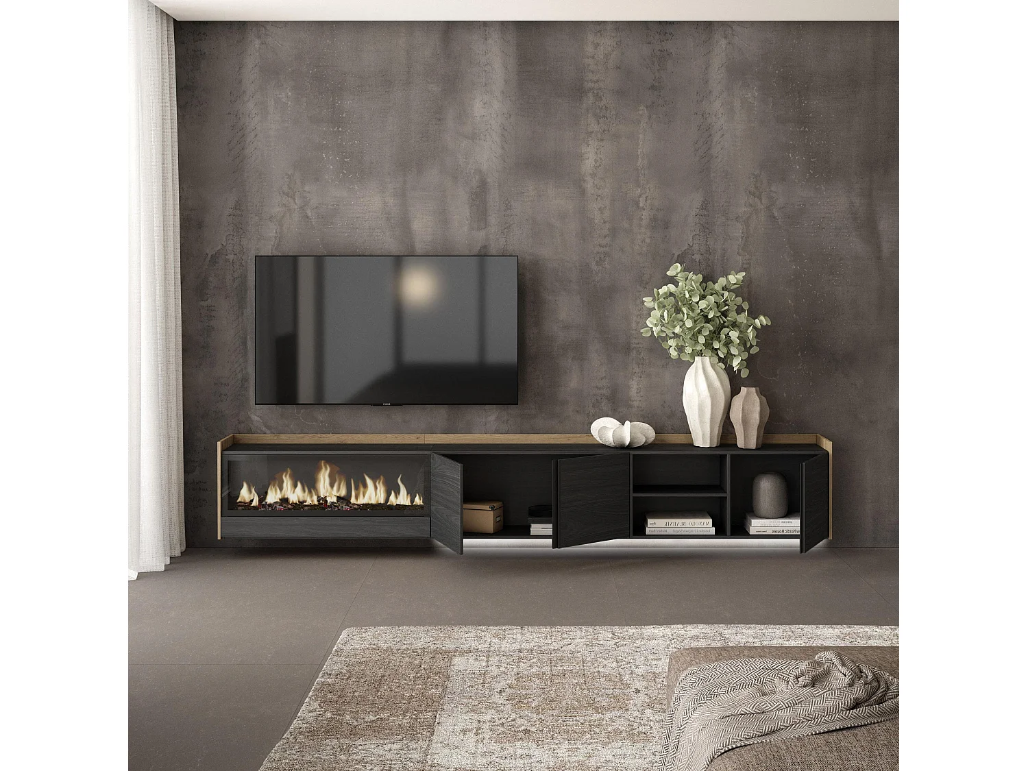 TV-Schrank, Lowboard, 315x50x35 cm, Für TV-Geräte bis zu 80", Elektrokamin XXL, Hängend, LED, Schwarz Eiche