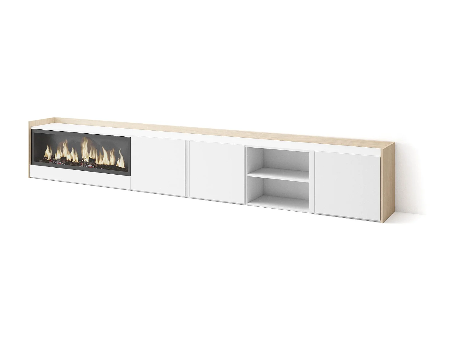 TV-Schrank - Lowboard - 315x50x35cm - Für TV-Geräte bis zu 80" - Elektrokamin XXL - Weiß und Eiche Soft