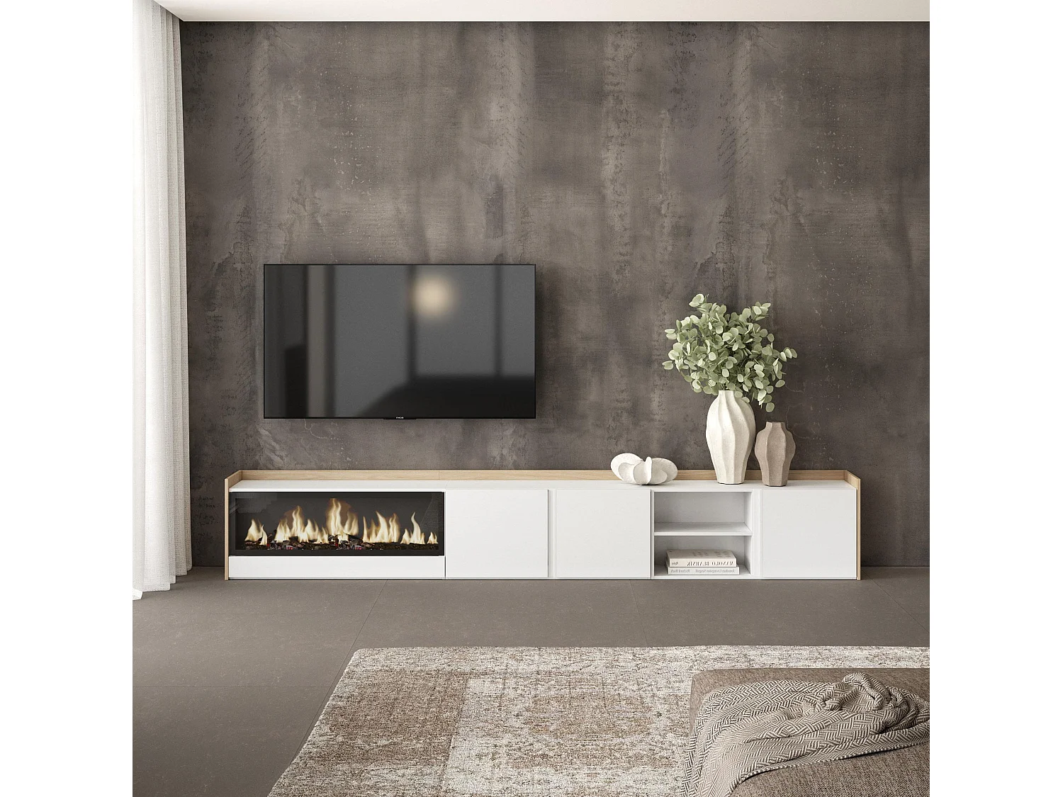 TV-Schrank - Lowboard - 315x50x35cm - Für TV-Geräte bis zu 80" - Elektrokamin XXL - Weiß und Eiche Soft