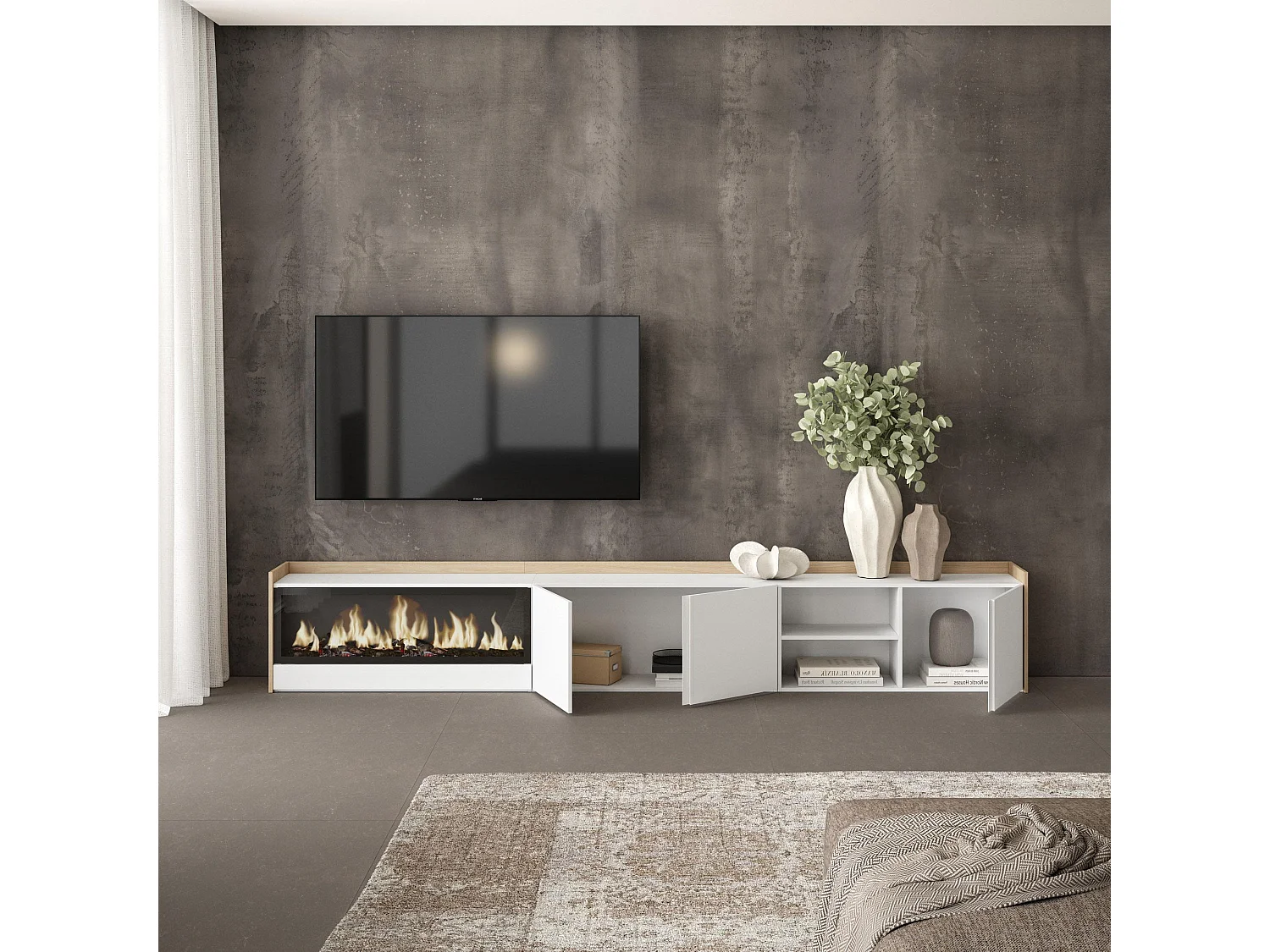 TV-Schrank - Lowboard - 315x50x35cm - Für TV-Geräte bis zu 80" - Elektrokamin XXL - Weiß und Eiche Soft