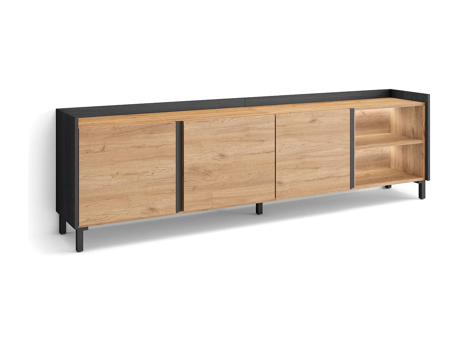 TV-Schrank, Lowboard, 207x61x35 cm, Für TV-Geräte bis zu 80", Industriedesign, LED, Eiche Schwarz