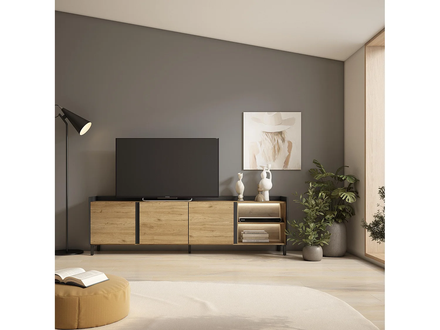 TV-Schrank, Lowboard, 207x61x35 cm, Für TV-Geräte bis zu 80", Industriedesign, LED, Eiche Schwarz