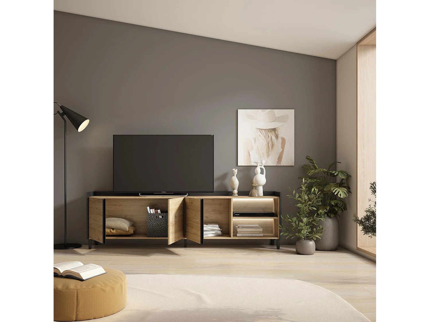 TV-Schrank, Lowboard, 207x61x35 cm, Für TV-Geräte bis zu 80", Industriedesign, LED, Eiche Schwarz