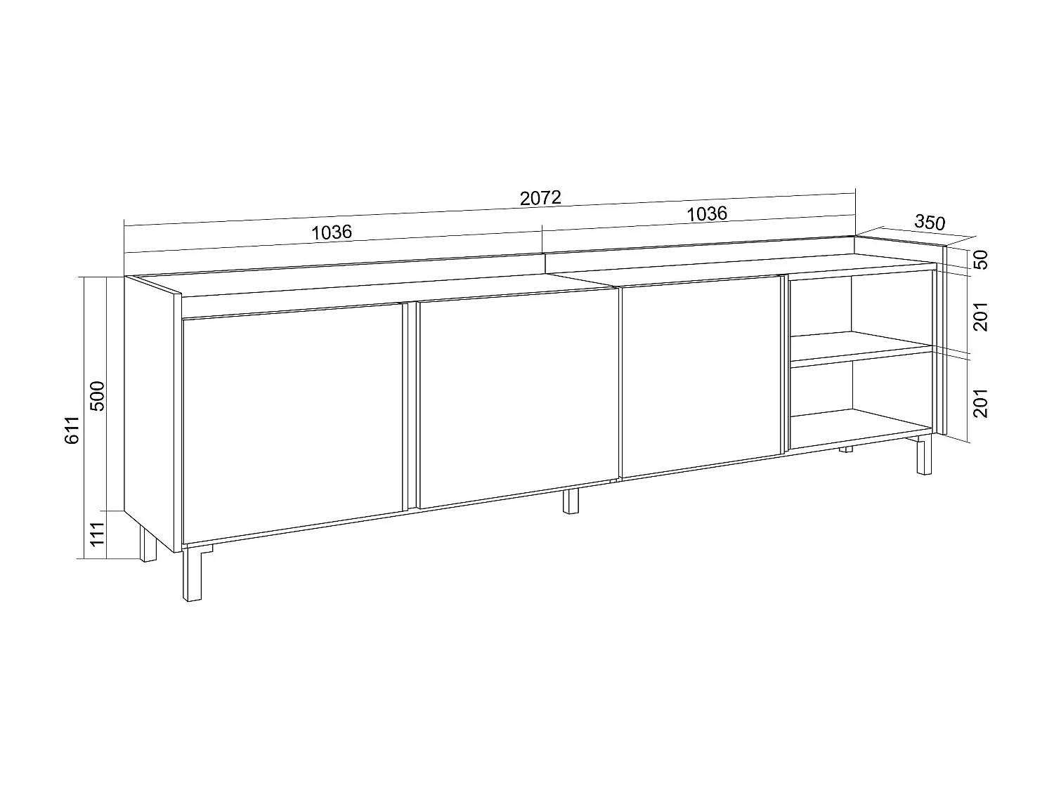 TV-Schrank, Lowboard, 207x61x35 cm, Für TV-Geräte bis zu 80", Industriedesign, LED, Eiche Schwarz
