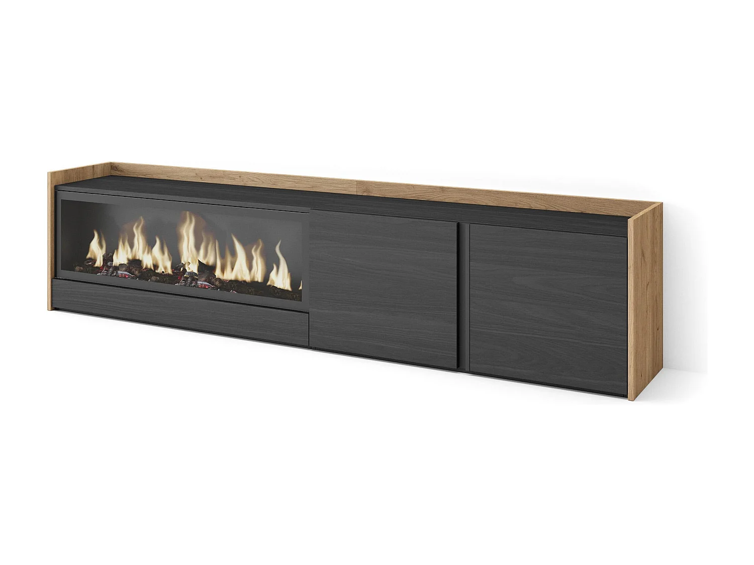 Meuble TV, Banc Télé, 212x50x35 cm, Pour les TV jusqu'à 80", Cheminée électrique XXL, Noir et chêne
