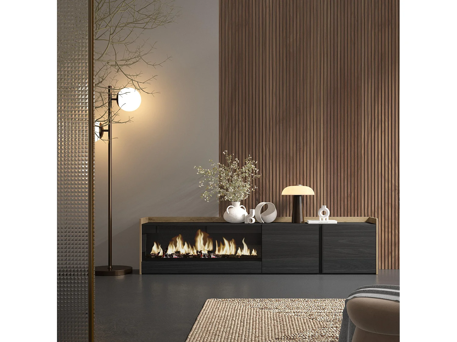 Meuble TV, Banc Télé, 212x50x35 cm, Pour les TV jusqu'à 80", Cheminée électrique XXL, Noir et chêne