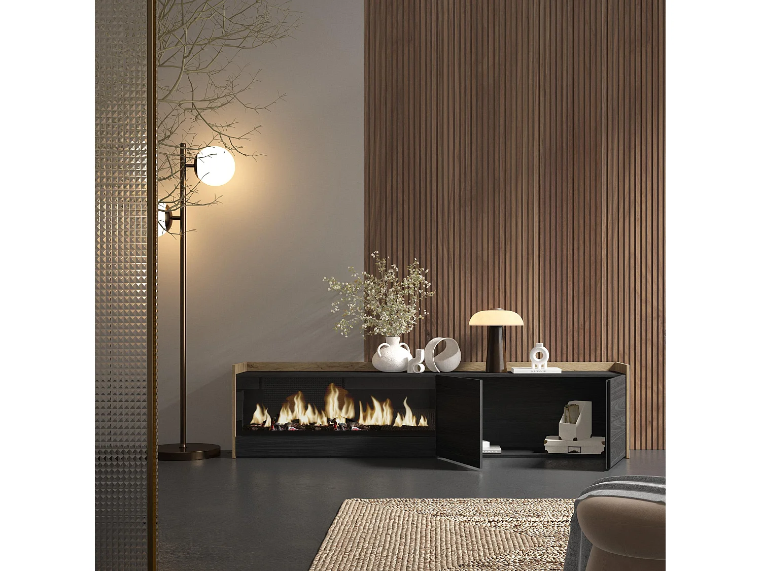 Meuble TV, Banc Télé, 212x50x35 cm, Pour les TV jusqu'à 80", Cheminée électrique XXL, Noir et chêne