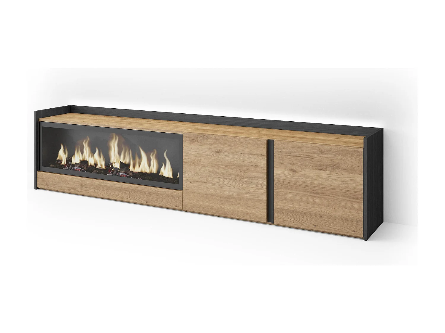 TV-Schrank, Lowboard, 212x50x35 cm, Für TV-Geräte bis zu 80", Elektrokamin XXL, LED, Eiche Schwarz