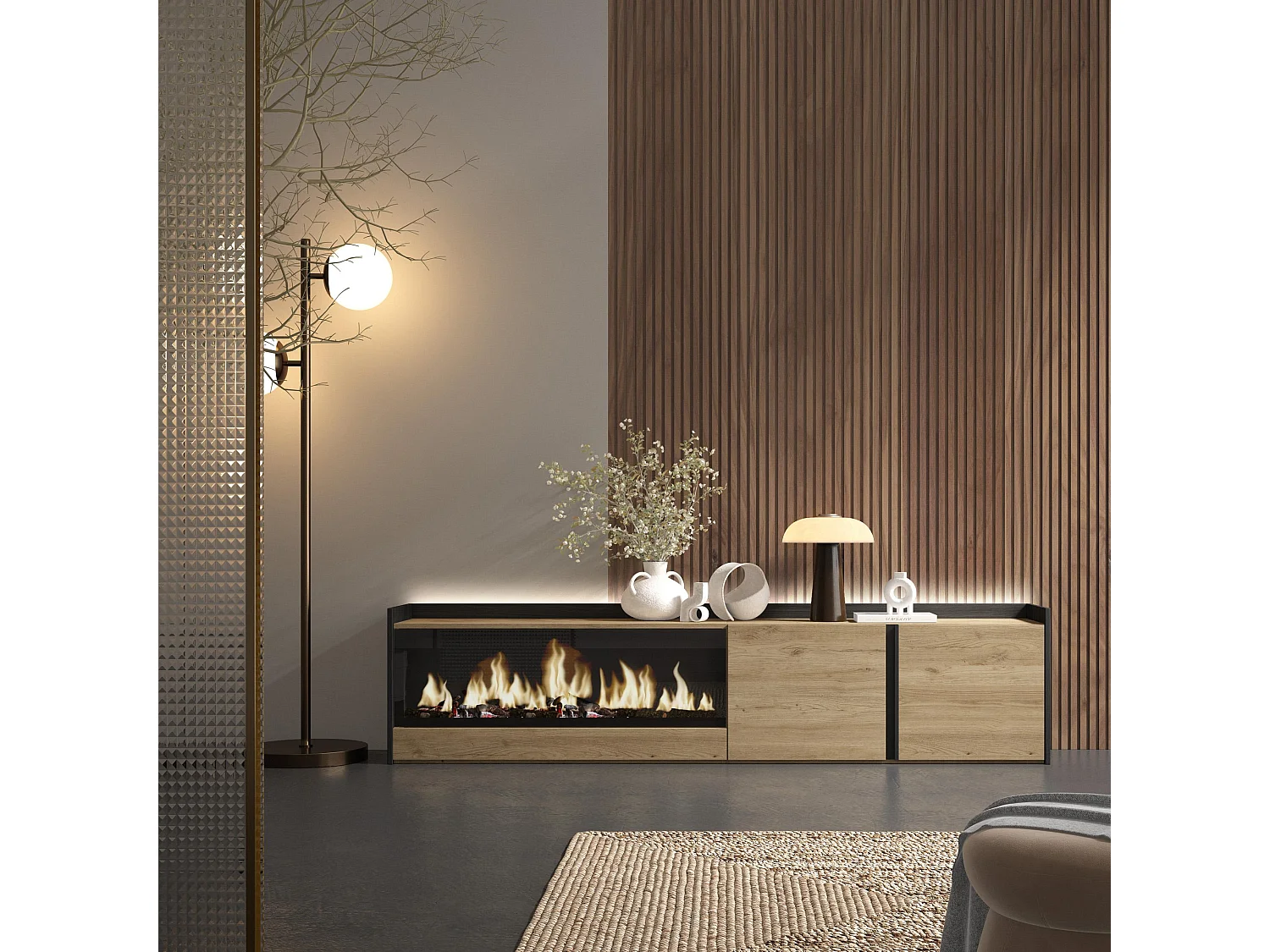 TV-Schrank, Lowboard, 212x50x35 cm, Für TV-Geräte bis zu 80", Elektrokamin XXL, LED, Eiche Schwarz