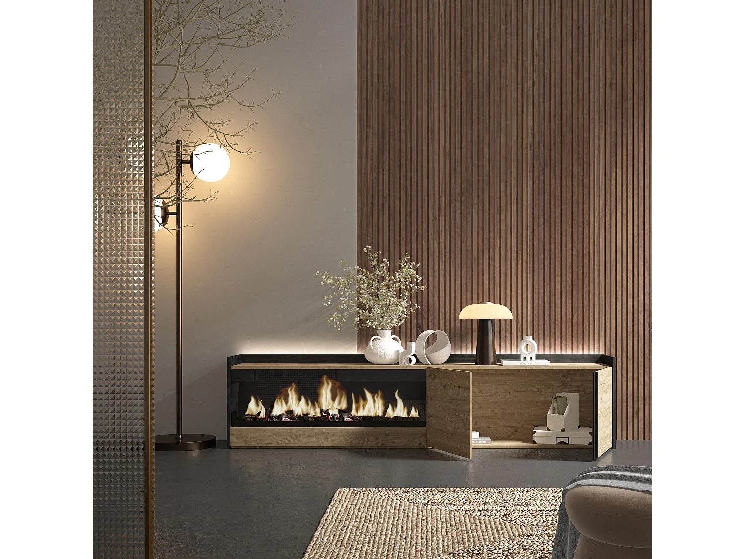 TV-Schrank, Lowboard, 212x50x35 cm, Für TV-Geräte bis zu 80", Elektrokamin XXL, LED, Eiche Schwarz