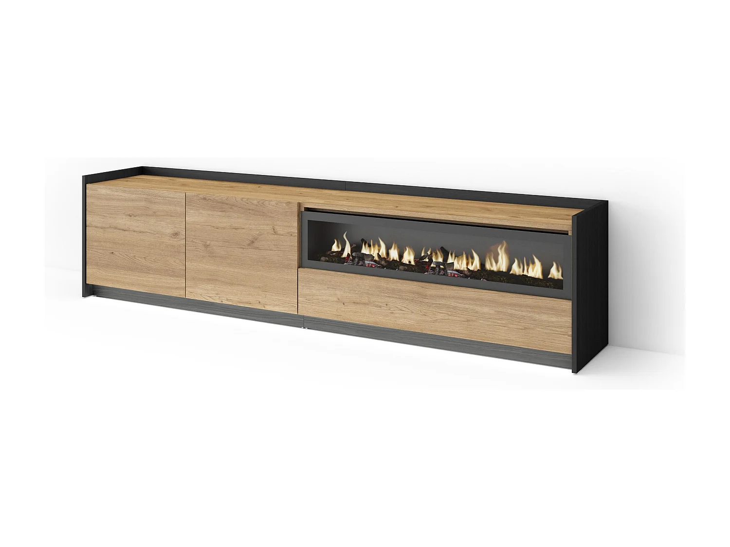 TV-Schrank, Lowboard, 207x50x37 cm, Für TV-Geräte bis zu 80", Elektrokamin., LED, Eiche Schwarz