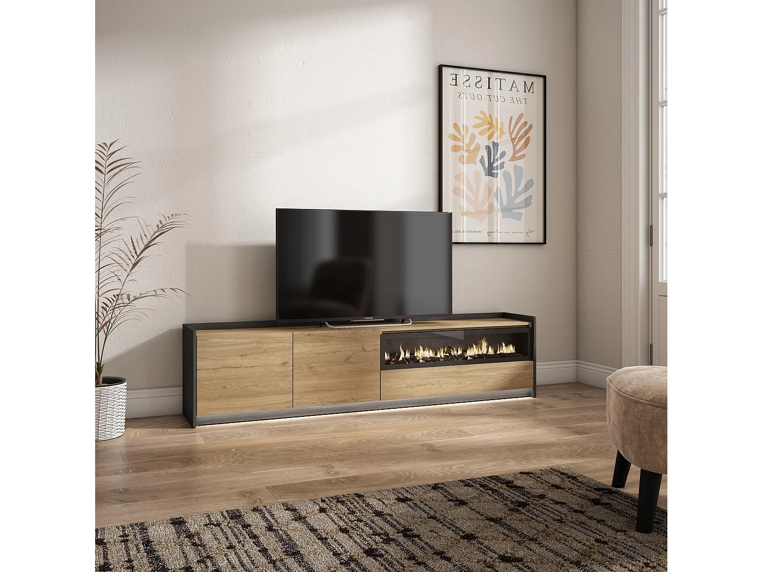 TV-Schrank, Lowboard, 207x50x37 cm, Für TV-Geräte bis zu 80", Elektrokamin., LED, Eiche Schwarz