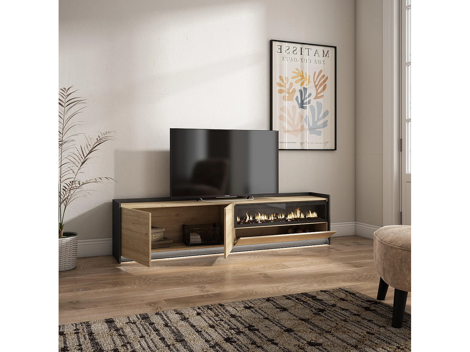 TV-Schrank, Lowboard, 207x50x37 cm, Für TV-Geräte bis zu 80", Elektrokamin., LED, Eiche Schwarz