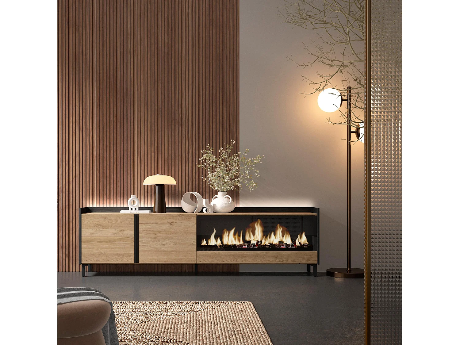 TV-Schrank, Lowboard, 212x61x35 cm, Für TV-Geräte bis zu 80", Elektrokamin XXL, Industriedesign, LED, Eiche Schwarz