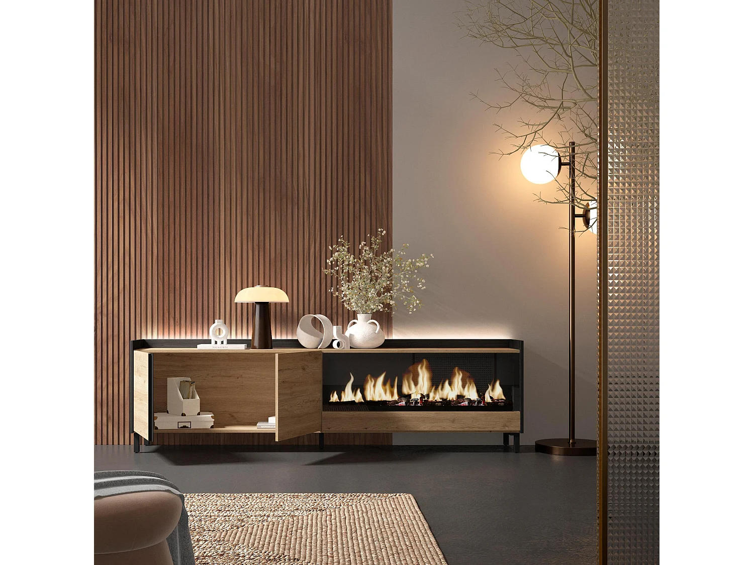 TV-Schrank, Lowboard, 212x61x35 cm, Für TV-Geräte bis zu 80", Elektrokamin XXL, Industriedesign, LED, Eiche Schwarz