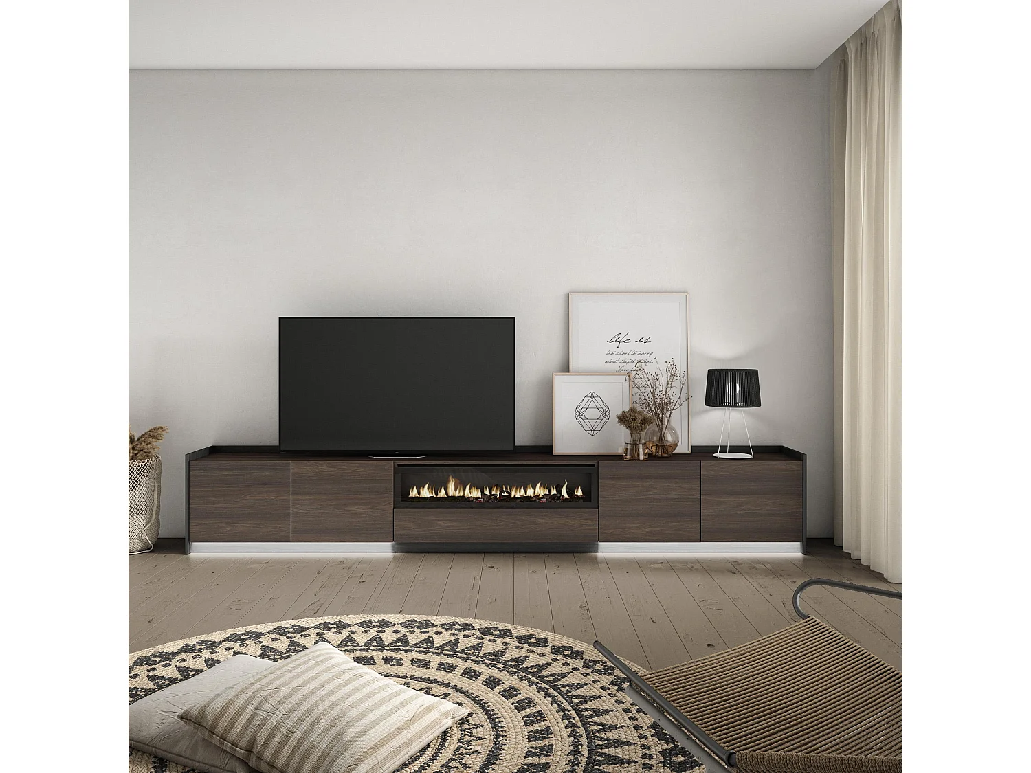 TV-Meubel, Lowboard, 310x50x37 cm, Voor tv's tot 80", Elektrische haard, LED, Donkere eik en Zwart