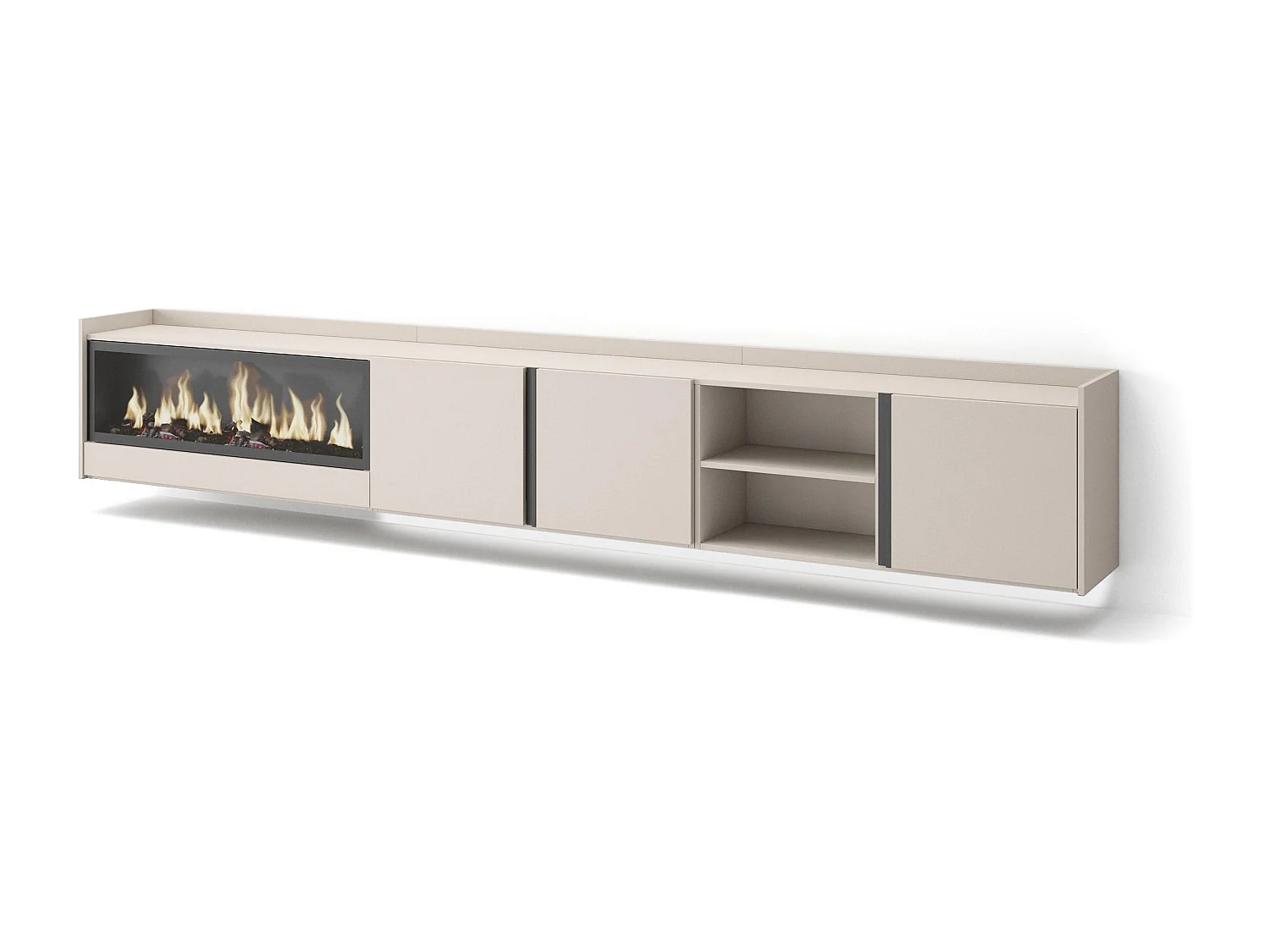 TV-Schrank, Lowboard, 315x50x35 cm, Für TV-Geräte bis zu 80", Elektrokamin XXL, Hängend, LED, Beige