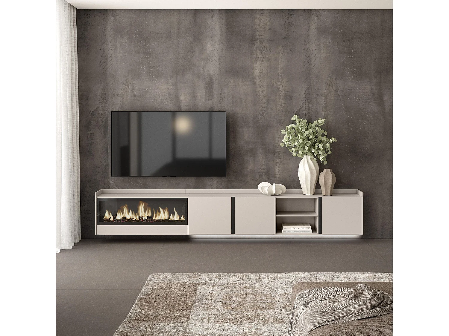 TV-Schrank, Lowboard, 315x50x35 cm, Für TV-Geräte bis zu 80", Elektrokamin XXL, Hängend, LED, Beige