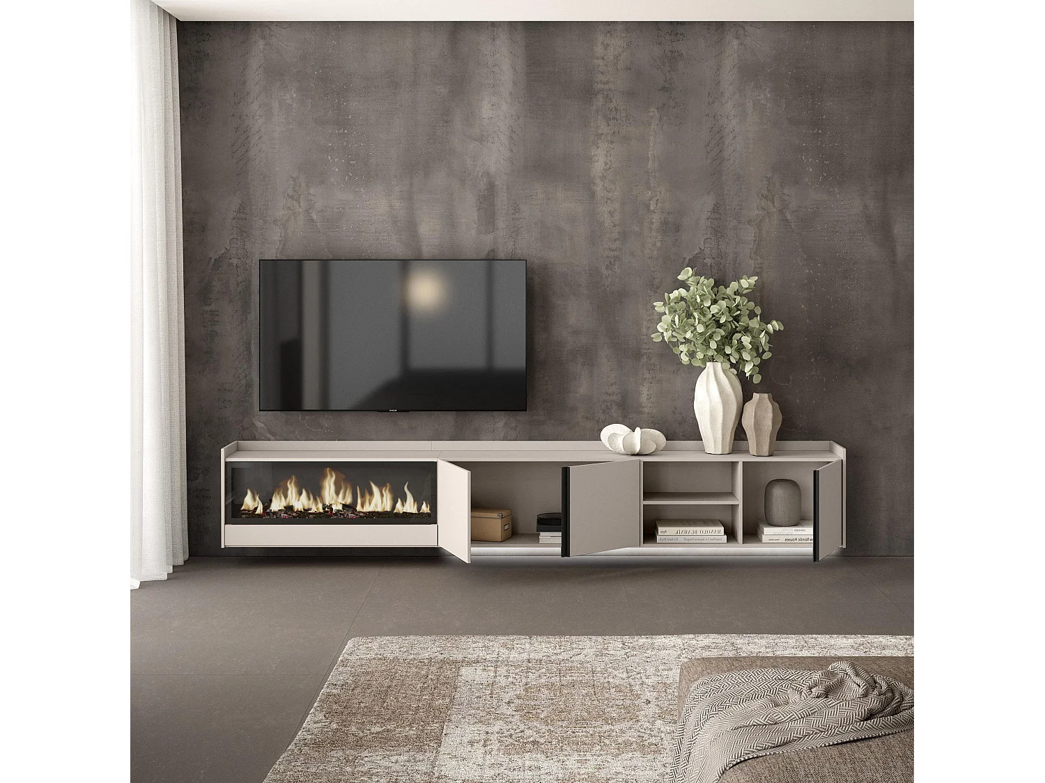 TV-Schrank, Lowboard, 315x50x35 cm, Für TV-Geräte bis zu 80", Elektrokamin XXL, Hängend, LED, Beige