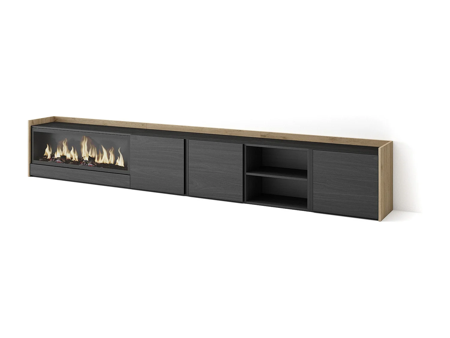TV-Schrank - Lowboard - 315x50x35cm - Für TV-Geräte bis zu 80" - Elektrokamin XXL - Schwarz Eiche