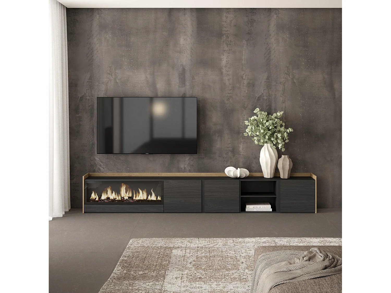 TV-Schrank - Lowboard - 315x50x35cm - Für TV-Geräte bis zu 80" - Elektrokamin XXL - Schwarz Eiche