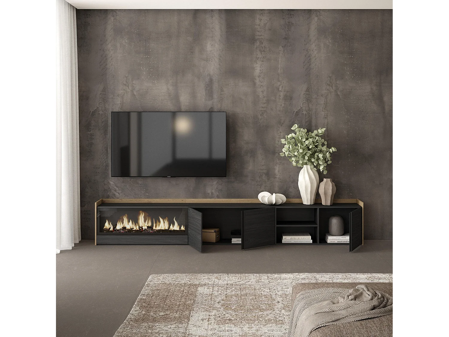 TV-Schrank - Lowboard - 315x50x35cm - Für TV-Geräte bis zu 80" - Elektrokamin XXL - Schwarz Eiche