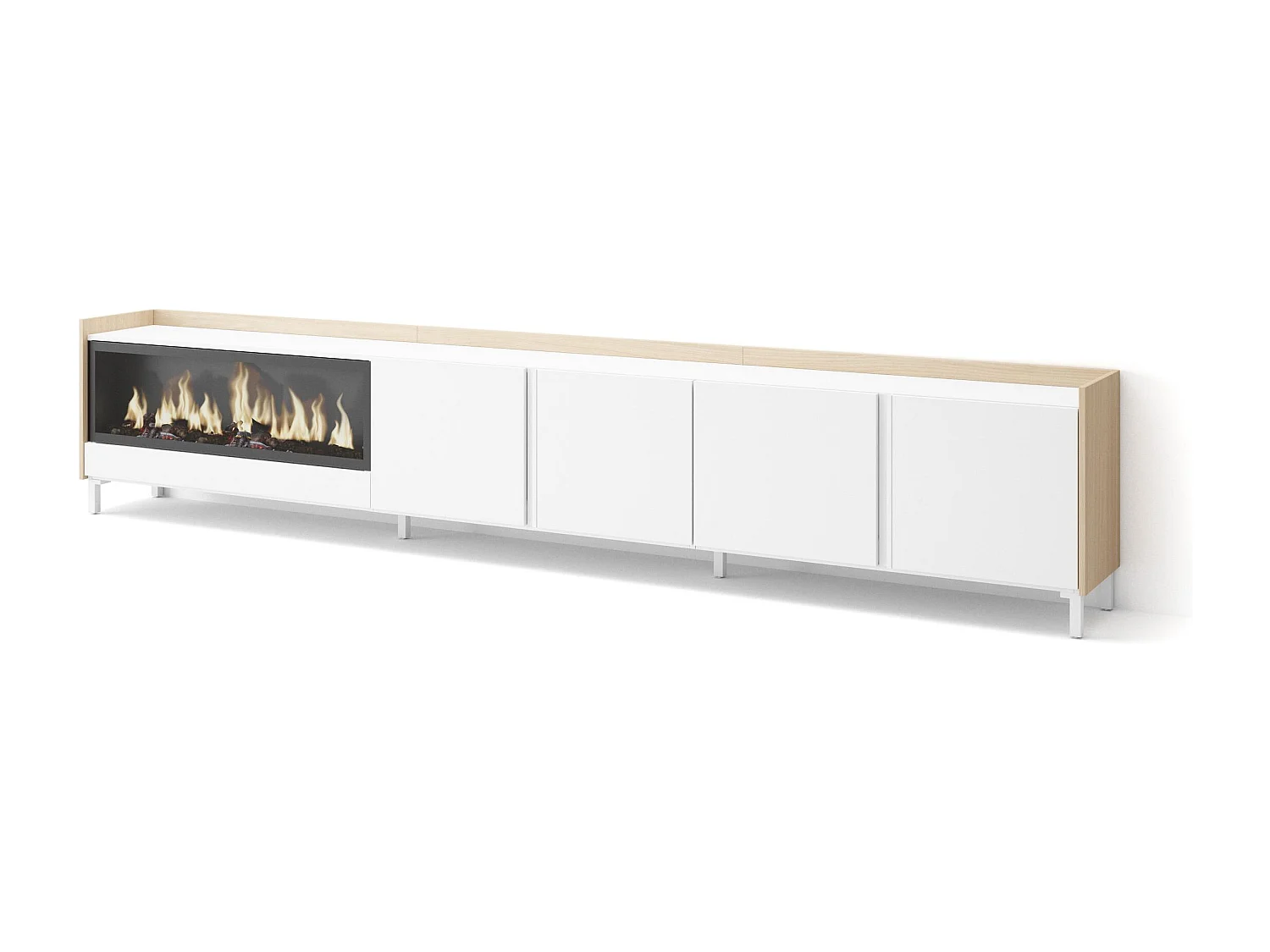 TV-Schrank, Lowboard, 315x61x35 cm, Für TV-Geräte bis zu 80", Elektrokamin XXL, Industriedesign, Weiß und Eiche Soft