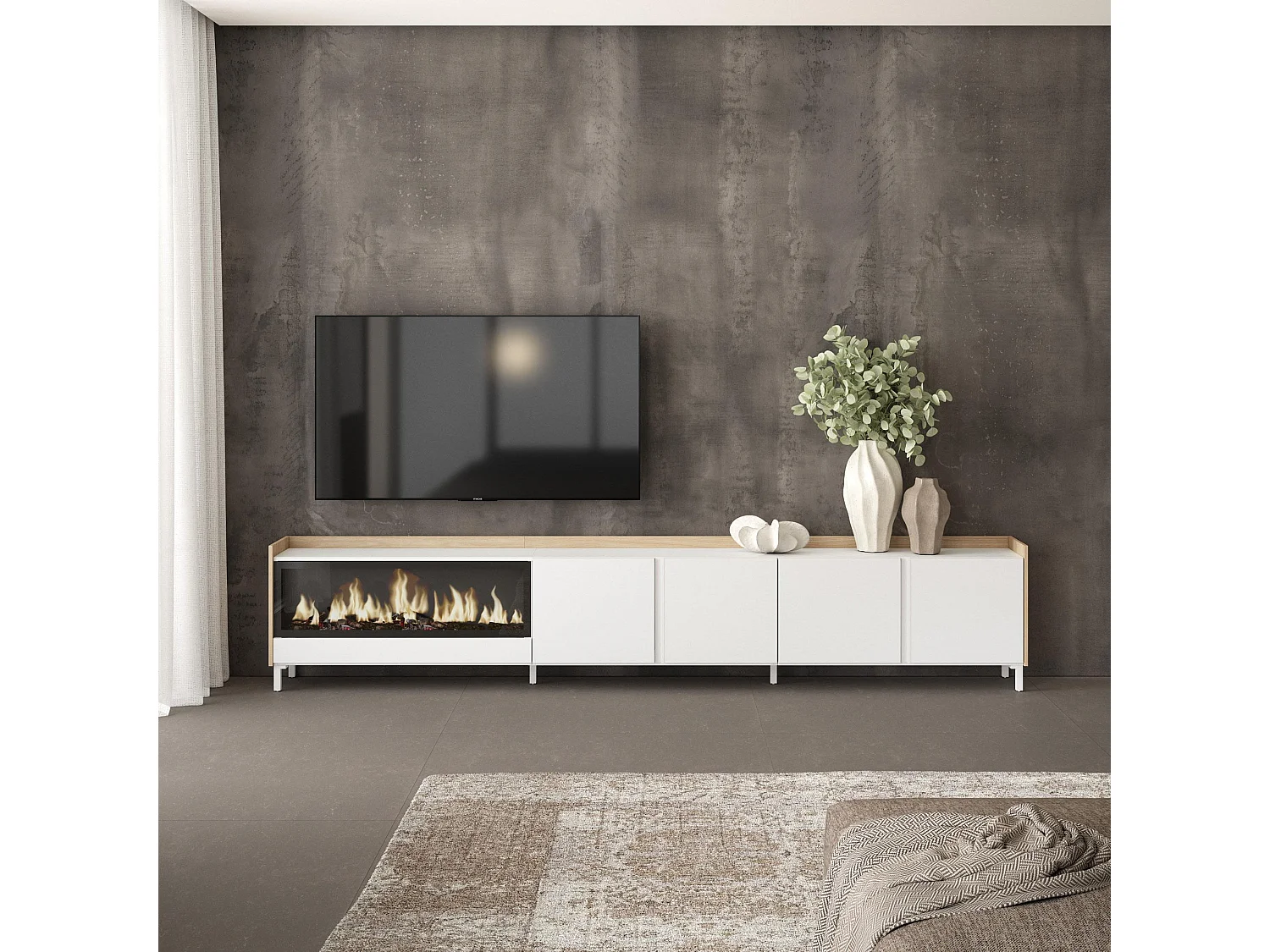 TV-Schrank, Lowboard, 315x61x35 cm, Für TV-Geräte bis zu 80", Elektrokamin XXL, Industriedesign, Weiß und Eiche Soft