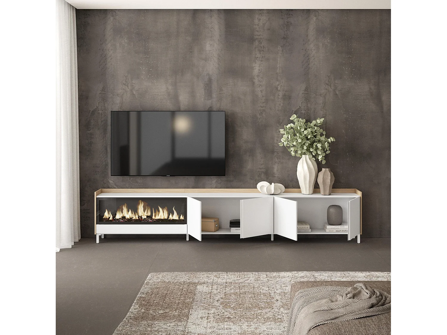 TV-Schrank, Lowboard, 315x61x35 cm, Für TV-Geräte bis zu 80", Elektrokamin XXL, Industriedesign, Weiß und Eiche Soft