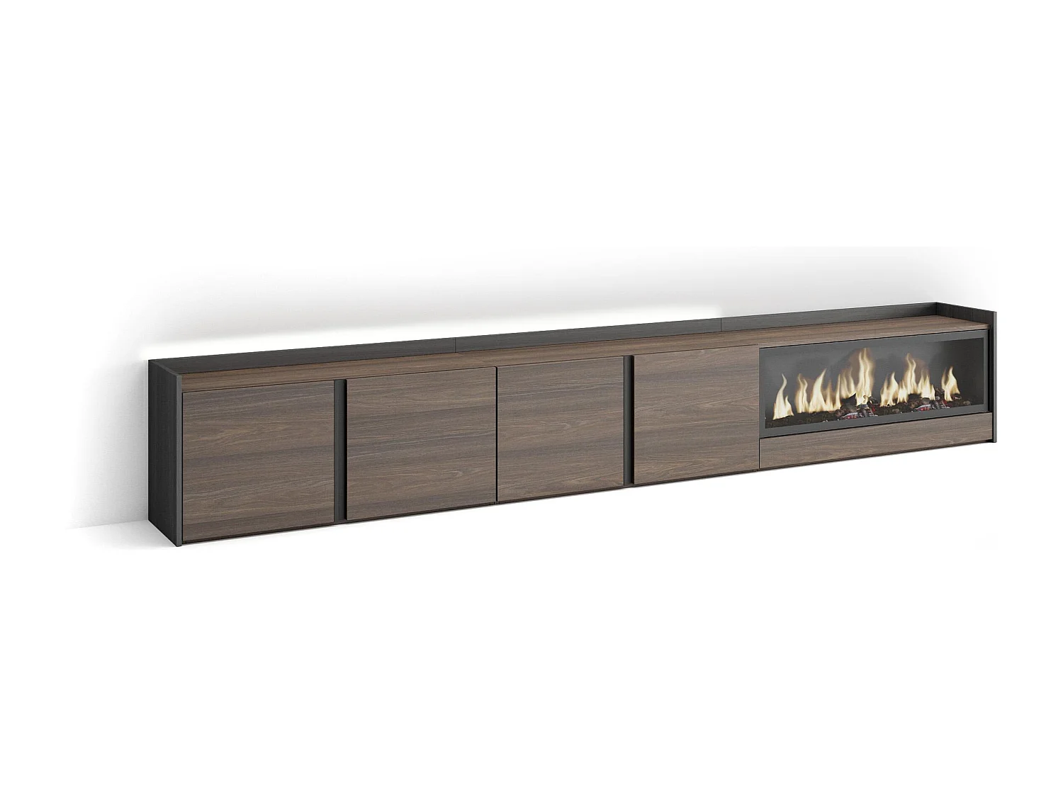 TV-Meubel, Lowboard, 315x50x35 cm, Voor tv's tot 80", Elektrische haard XXL, LED, Donkere eik en Zwart