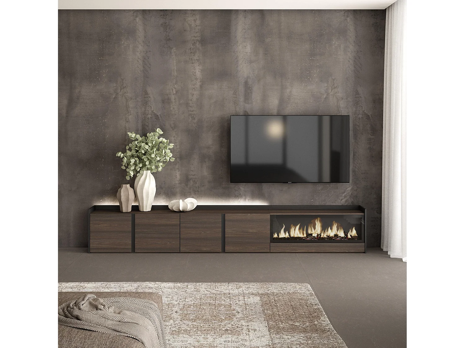 TV-Meubel, Lowboard, 315x50x35 cm, Voor tv's tot 80", Elektrische haard XXL, LED, Donkere eik en Zwart