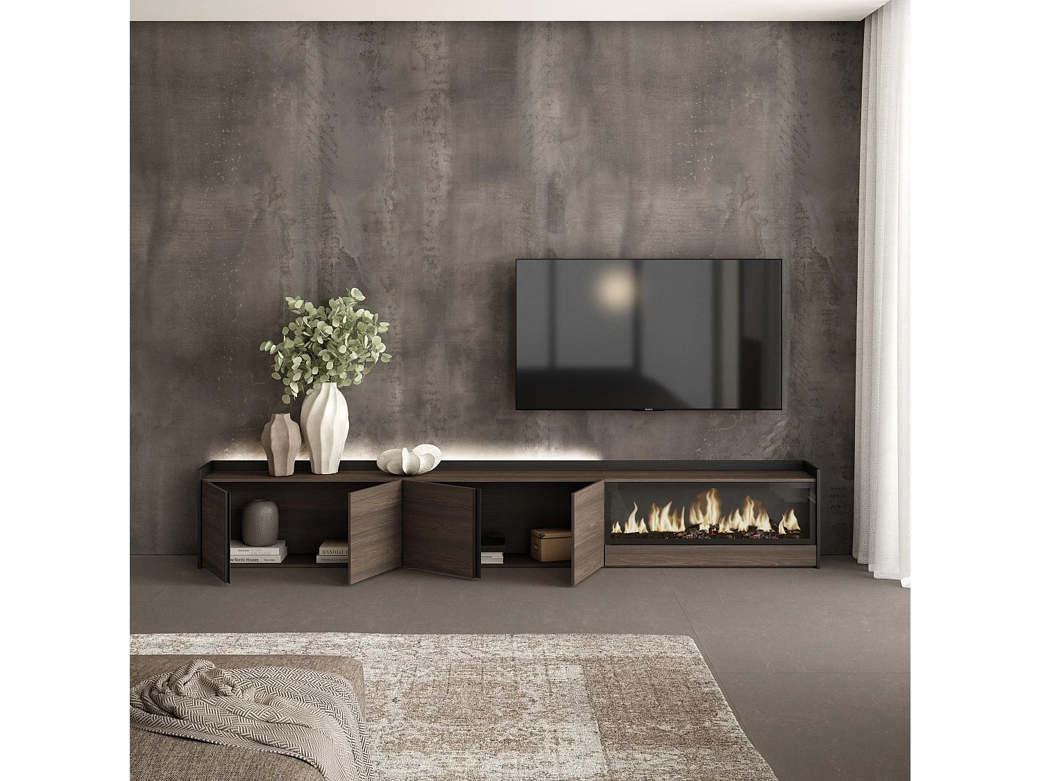 TV-Meubel, Lowboard, 315x50x35 cm, Voor tv's tot 80", Elektrische haard XXL, LED, Donkere eik en Zwart