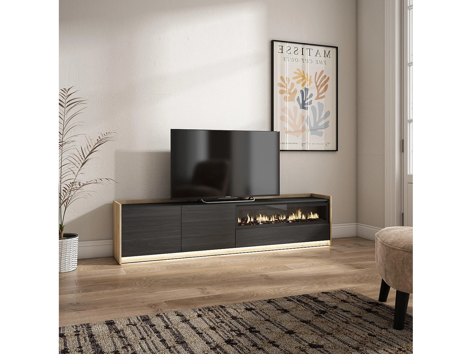 TV-Schrank, Lowboard, 207x50x37 cm, Für TV-Geräte bis zu 80", Elektrokamin., LED, Schwarz Eiche