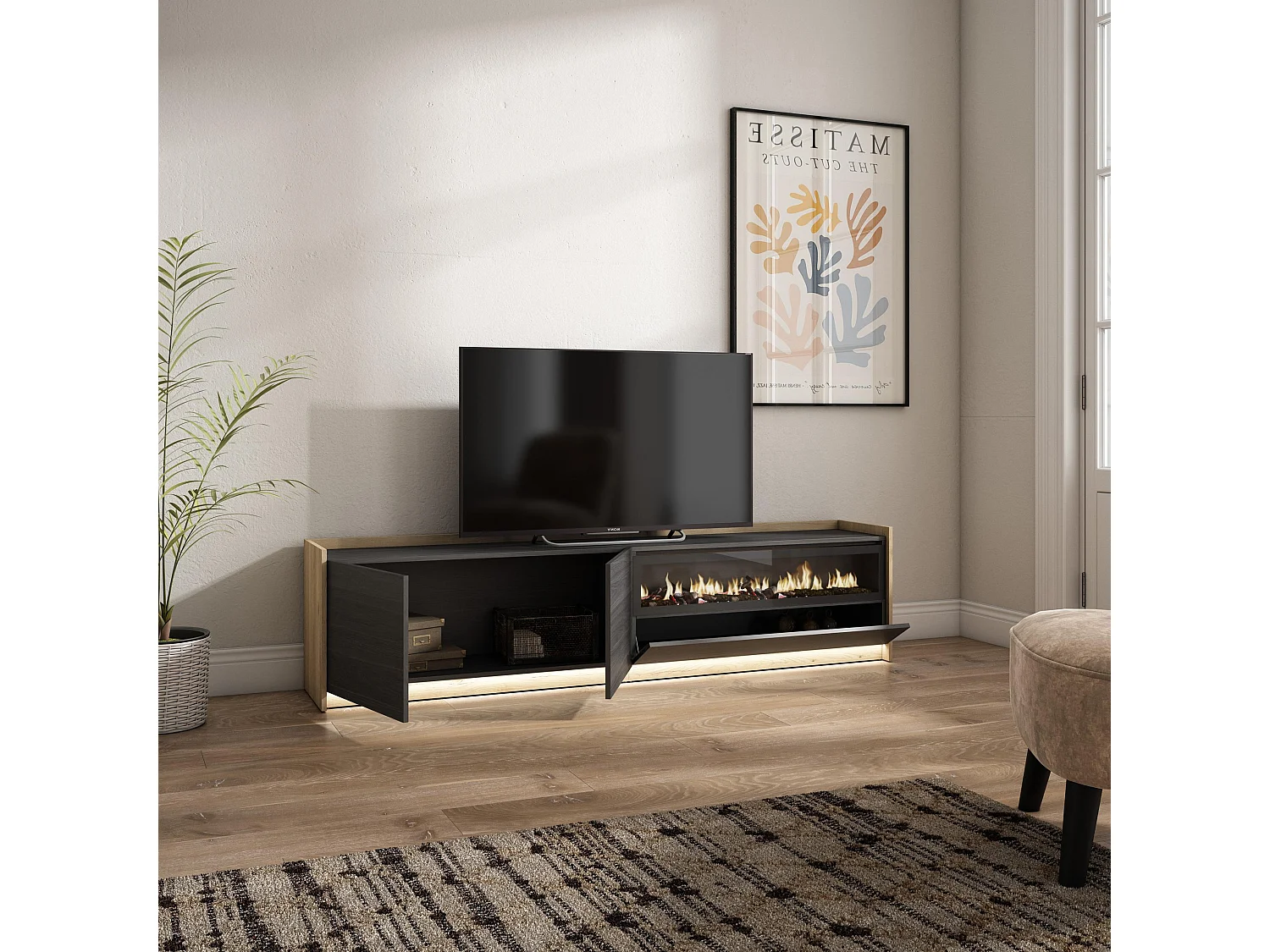 TV-Schrank, Lowboard, 207x50x37 cm, Für TV-Geräte bis zu 80", Elektrokamin., LED, Schwarz Eiche