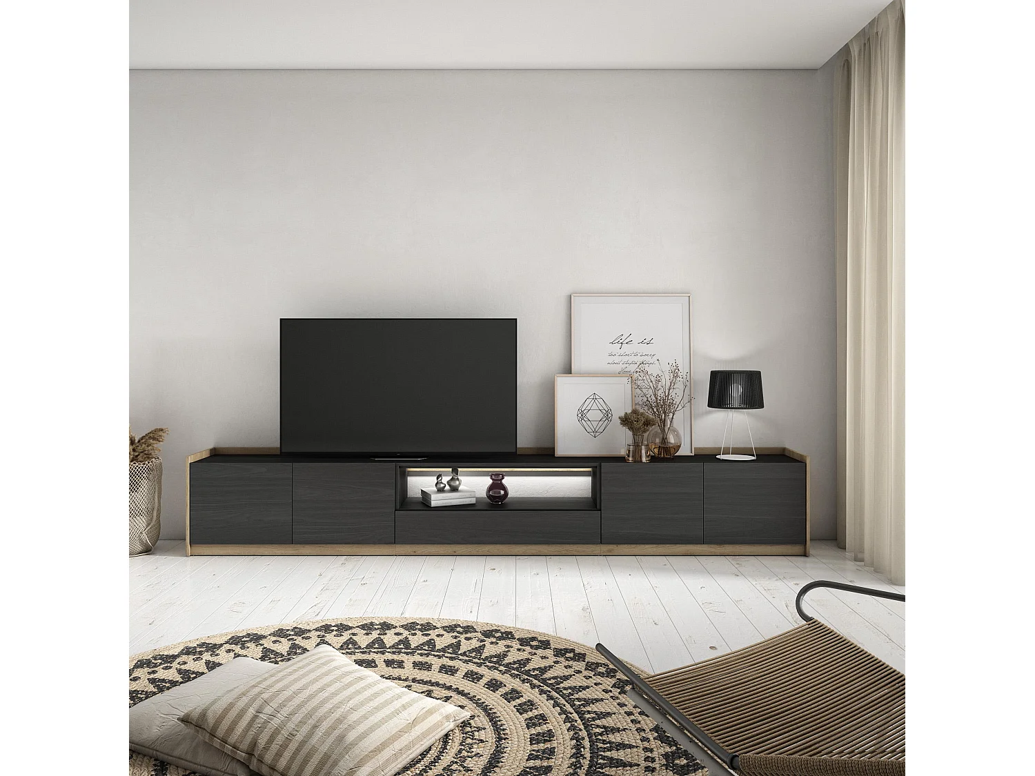 TV-Schrank, Lowboard, 310x50x37 cm, Für TV-Geräte bis zu 80", LED, Schwarz Eiche