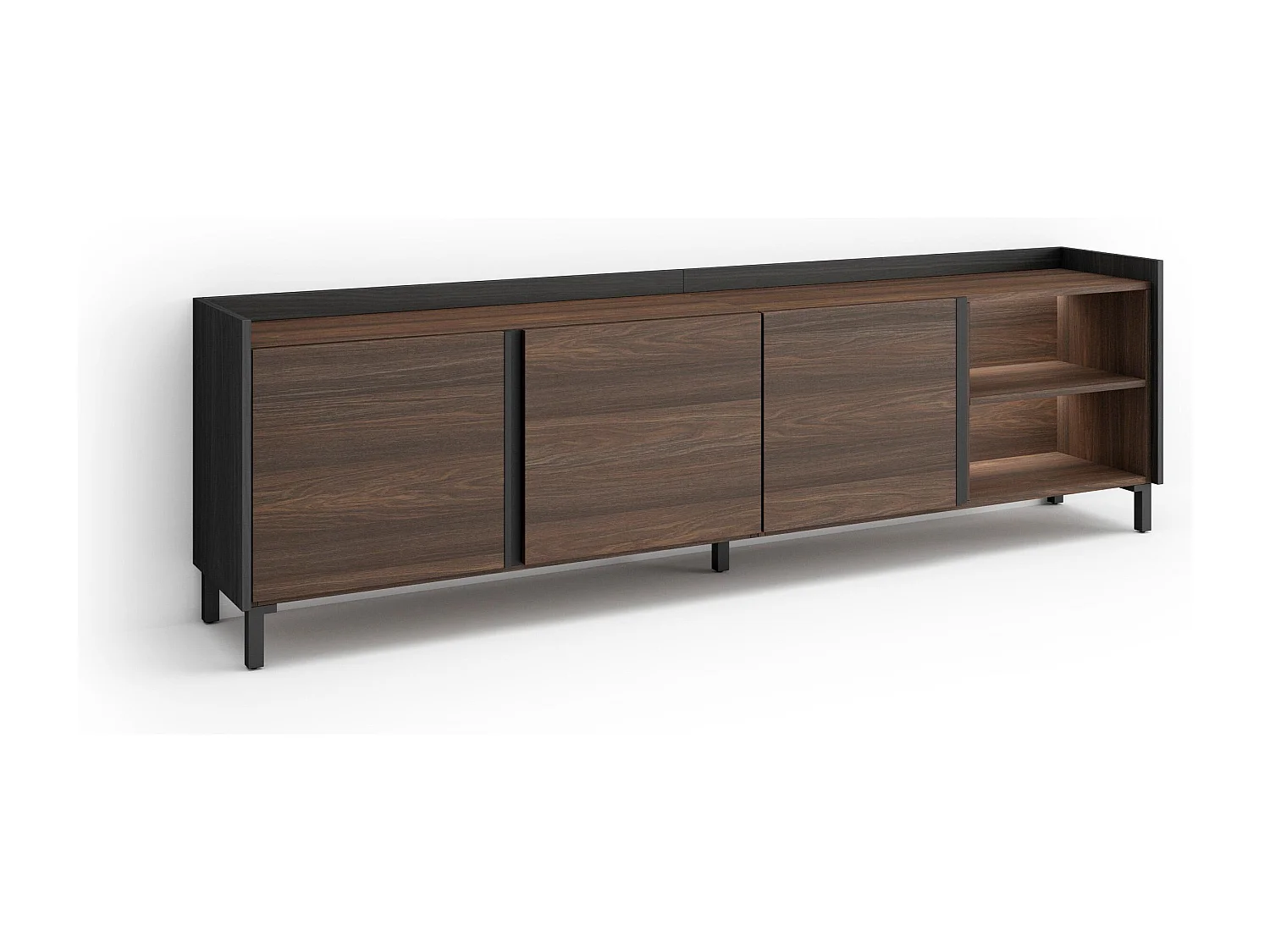 TV-Schrank, Lowboard, 207x61x35 cm, Für TV-Geräte bis zu 80", Industriedesign, LED, Dunkler Eiche und Schwarz