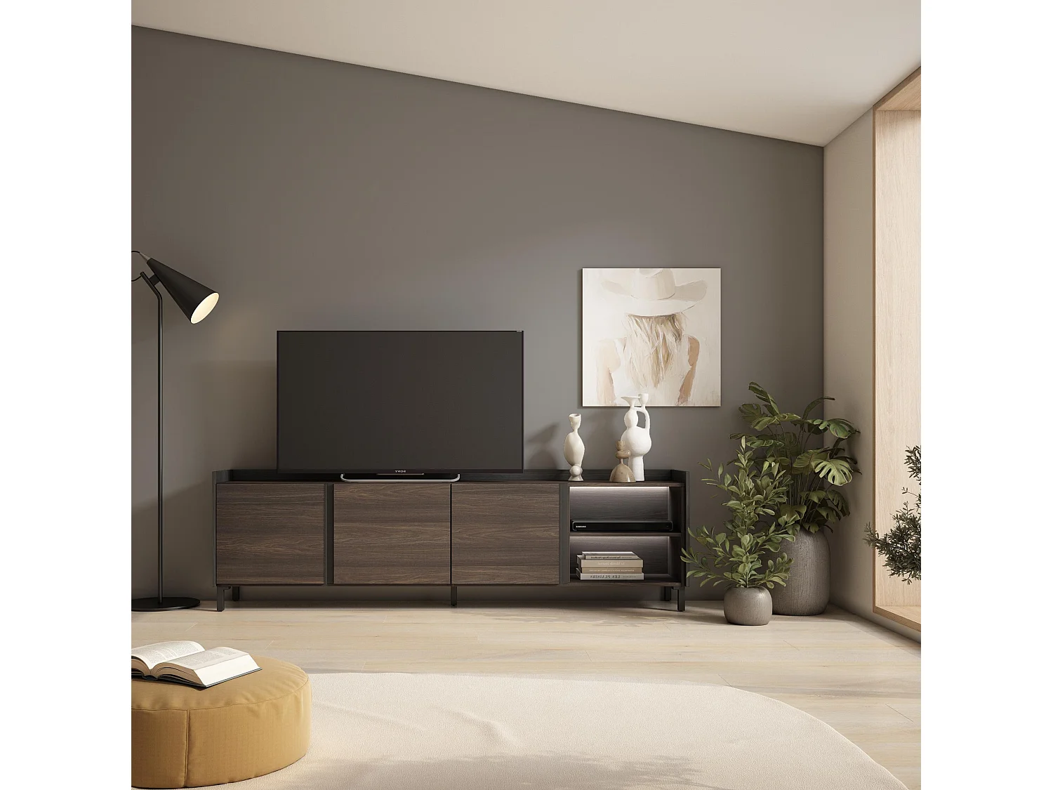 TV-Schrank, Lowboard, 207x61x35 cm, Für TV-Geräte bis zu 80", Industriedesign, LED, Dunkler Eiche und Schwarz