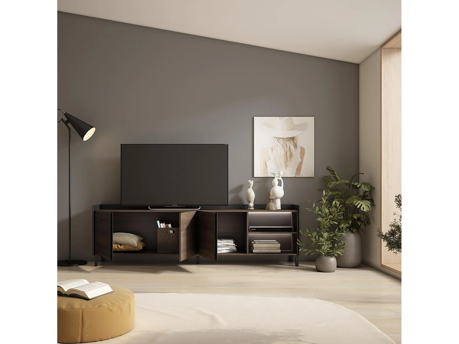 TV-Schrank, Lowboard, 207x61x35 cm, Für TV-Geräte bis zu 80", Industriedesign, LED, Dunkler Eiche und Schwarz