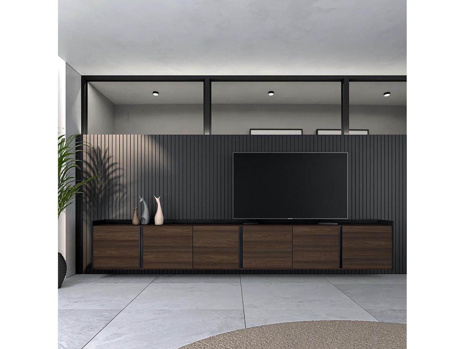 Meuble TV, Banc Télé, 309x50x35 cm, Pour les TV jusqu'à 80", Suspendu, Mural, Chêne foncé et Noir