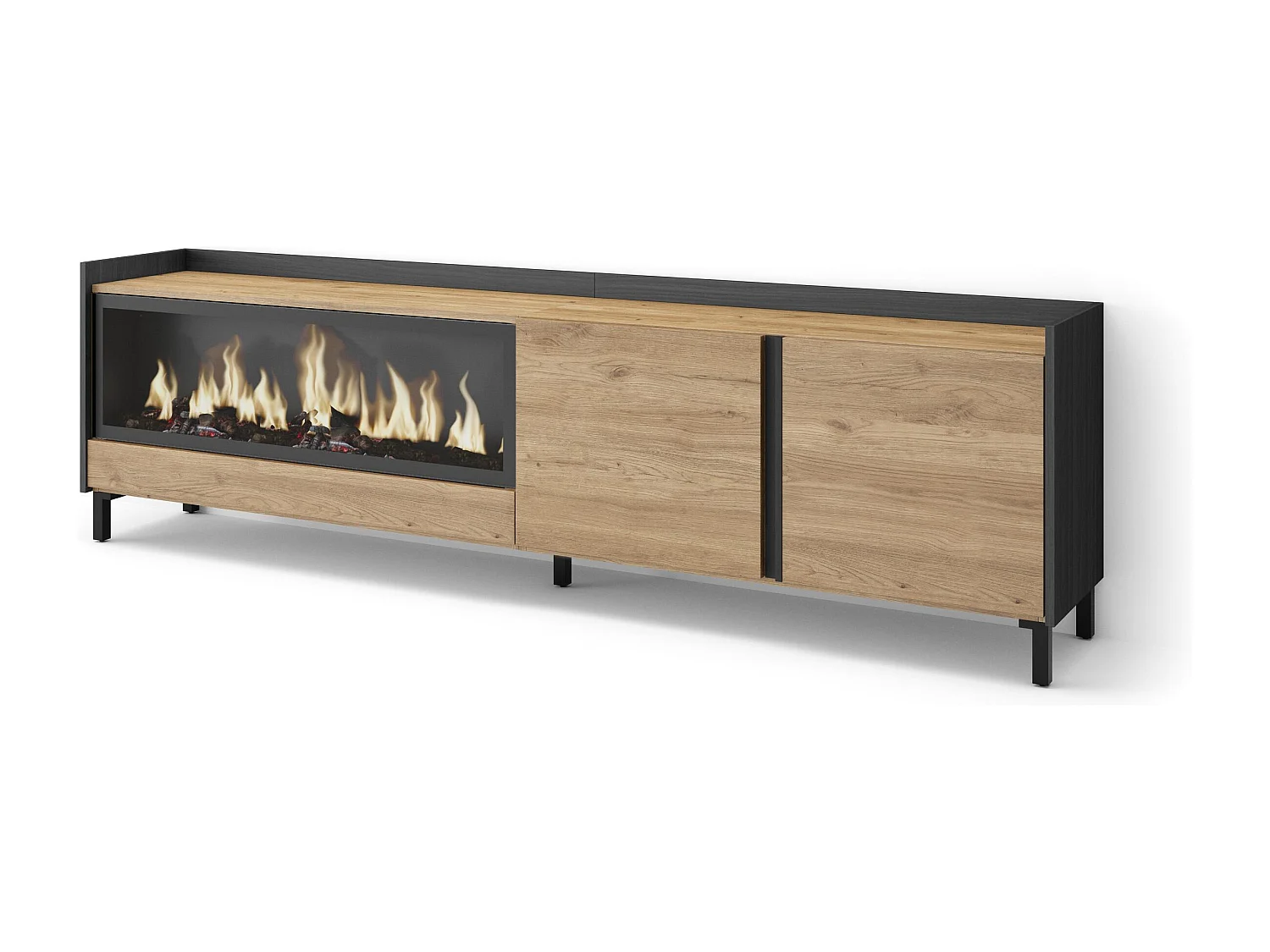 Mueble TV, Televisión, 212x61x35 cm, Para TV hasta 80", Chimenea eléctrica XXL, Diseño industrial, Roble y negro