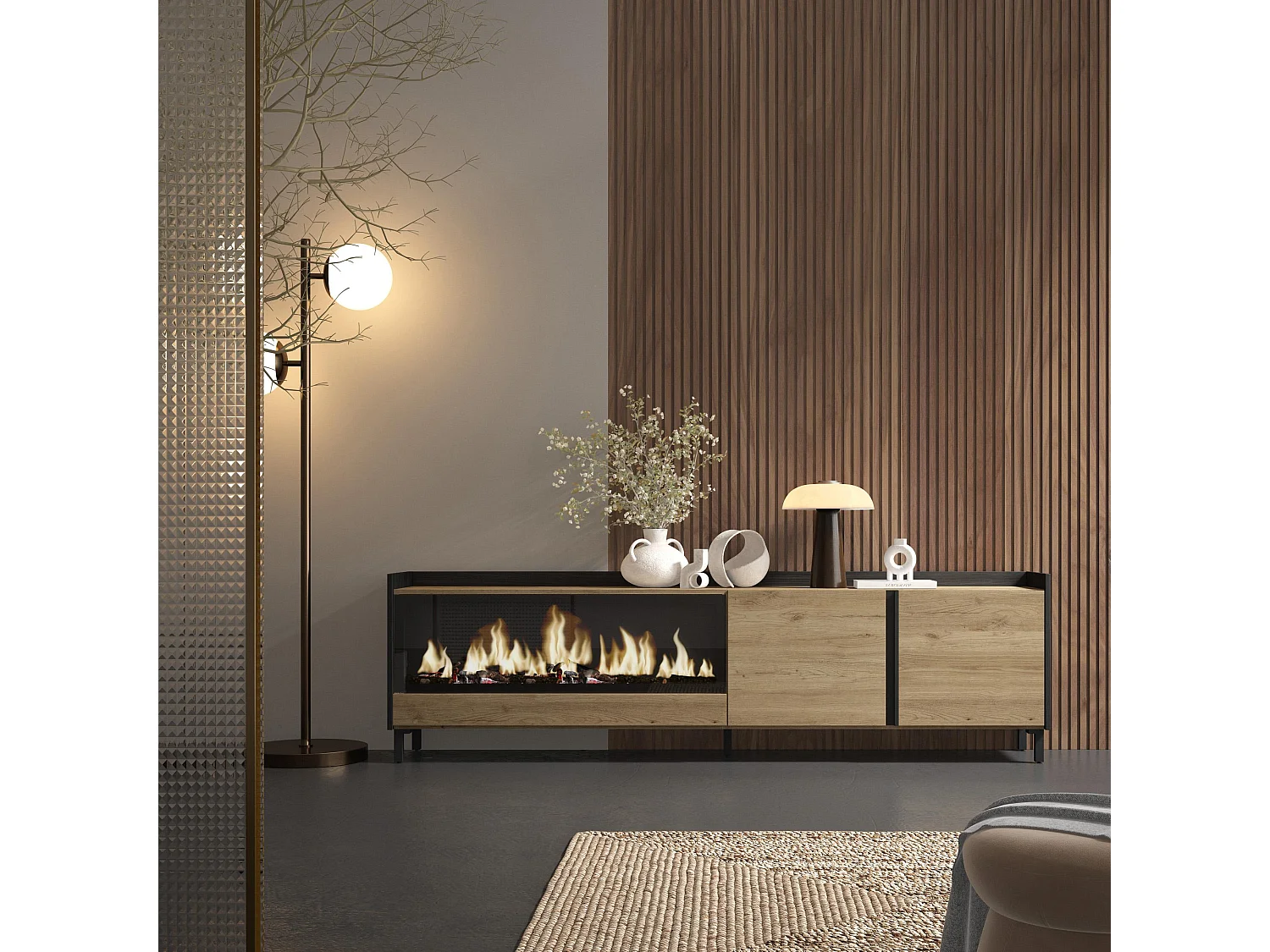 Mueble TV, Televisión, 212x61x35 cm, Para TV hasta 80", Chimenea eléctrica XXL, Diseño industrial, Roble y negro