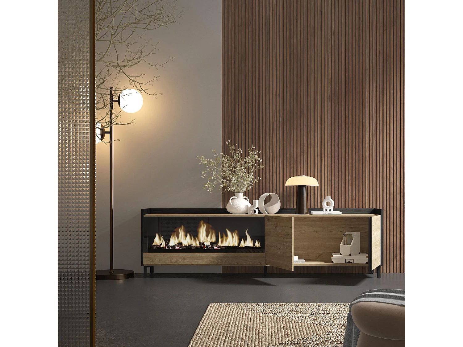 Mueble TV, Televisión, 212x61x35 cm, Para TV hasta 80", Chimenea eléctrica XXL, Diseño industrial, Roble y negro