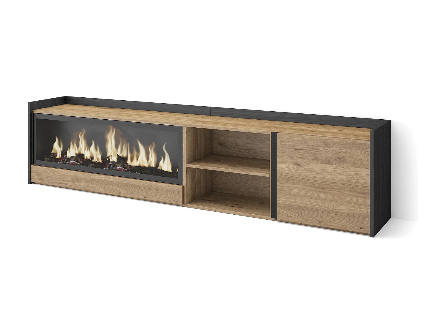 Móvel de TV, 212x50x35 cm, Para televisores até 80", Lareira eléctrica XXL, Carvalho e preto
